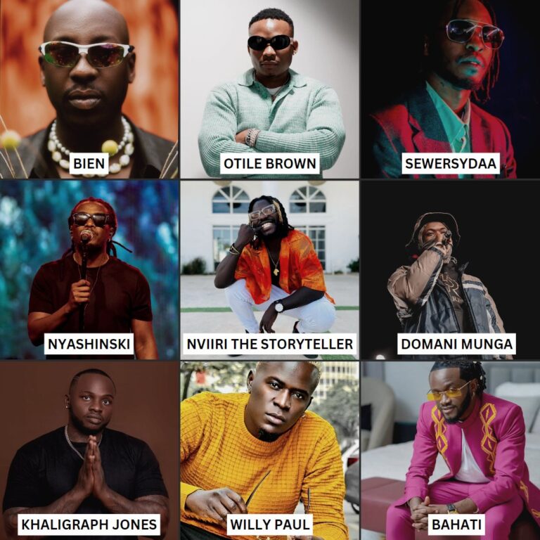 Kenyan musicians Bien, Otile Brown, Sewersydaa, Nyashinski, Nviiri The Storyteller, Domani Munga, Khaligraph Jones, Willy Paul, and Bahati posing in a collage, showcasing Kenya's top musical talents in 2025